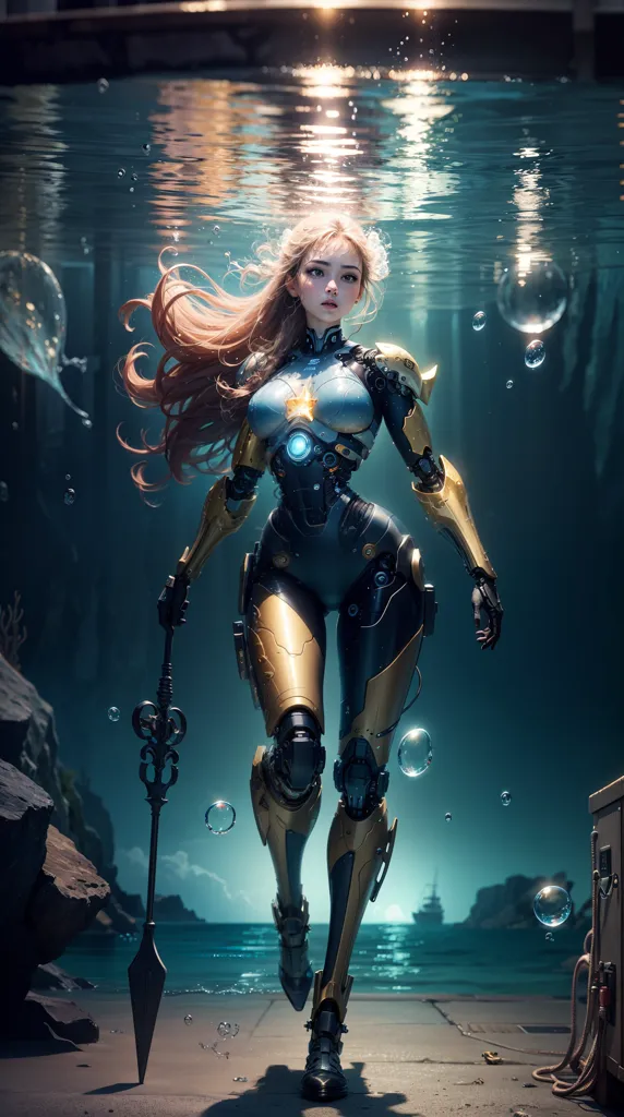 The image shows a woman in a futuristic scuba diving suit. She has long blonde hair and blue eyes. She is wearing a black and gold suit of armor that covers her entire body. She is also wearing a helmet with a visor. She is standing in a dark, underwater setting. There are bubbles rising from the ground. There is a bright light coming from the surface of the water.