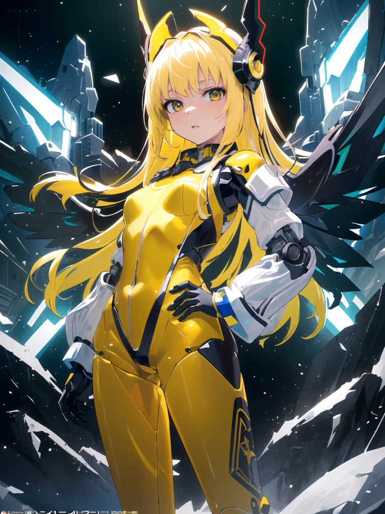 L'image est un dessin de style anime d'une jeune femme aux longs cheveux blonds ondulants. Elle porte une combinaison jaune et blanche avec des ailes noires et jaunes. La femme se tient dans un décor futuriste sombre, avec de grands cristaux lumineux flottant en arrière-plan.