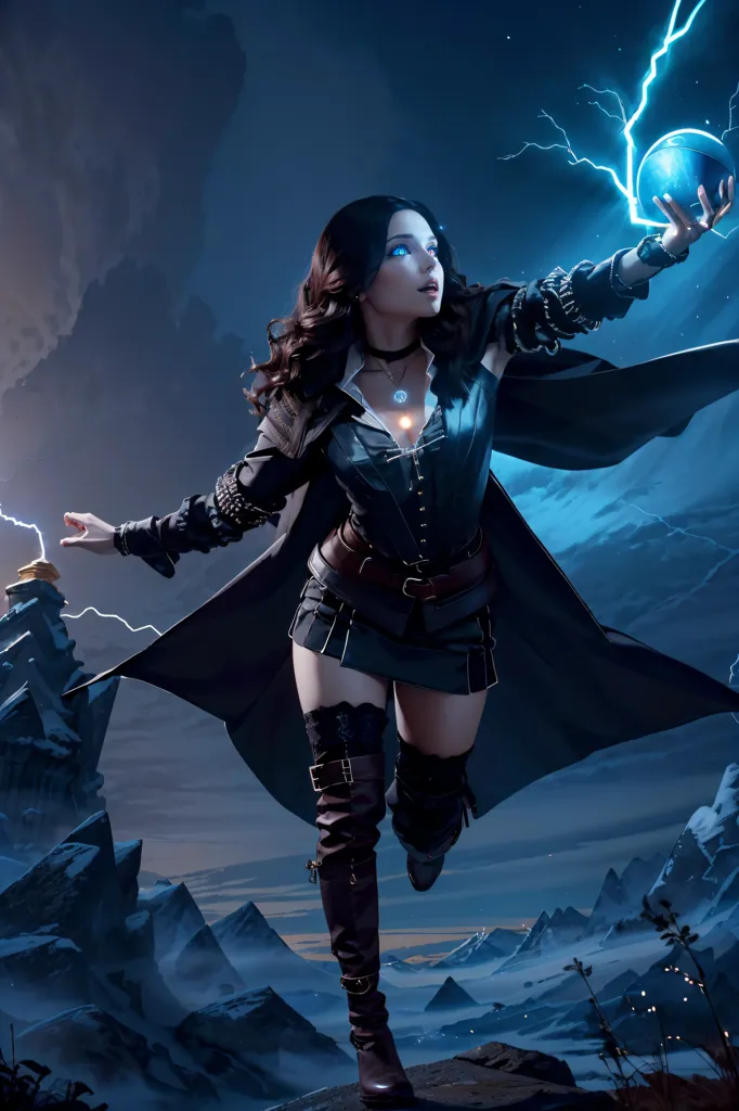 The picture shows a young woman standing on a cliff. She is wearing a black leather corset and a black skirt. She has long brown hair and blue eyes. She is holding a ball of lightning in her right hand. There is a storm in the background.