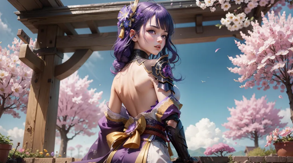 A imagem é de uma bela mulher jovem com cabelos roxos e olhos roxos. Ela está usando um quimono roxo com um obi branco. Há flores de cerejeira ao fundo. A mulher está em pé em um jardim japonês tradicional.