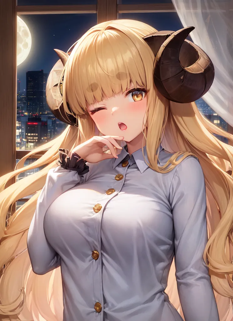 The image is of a beautiful anime girl with long blonde hair and brown horns. She is wearing a white button-down shirt and has a mischievous expression on her face. She is standing in front of a window, and there is a cityscape in the background. The moon is shining brightly in the sky.