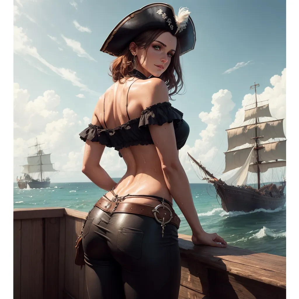 The image shows a woman dressed in a pirate costume. She is wearing a black tricorn hat with a white feather, a black off-the-shoulder blouse, and black leather pants. She is also wearing a brown leather belt with a gold buckle and a sword. She is standing on a wooden railing, looking out at the sea. There are two ships in the background. The woman has long brown hair, green eyes, and a beauty mark on her left cheek. She is smiling.