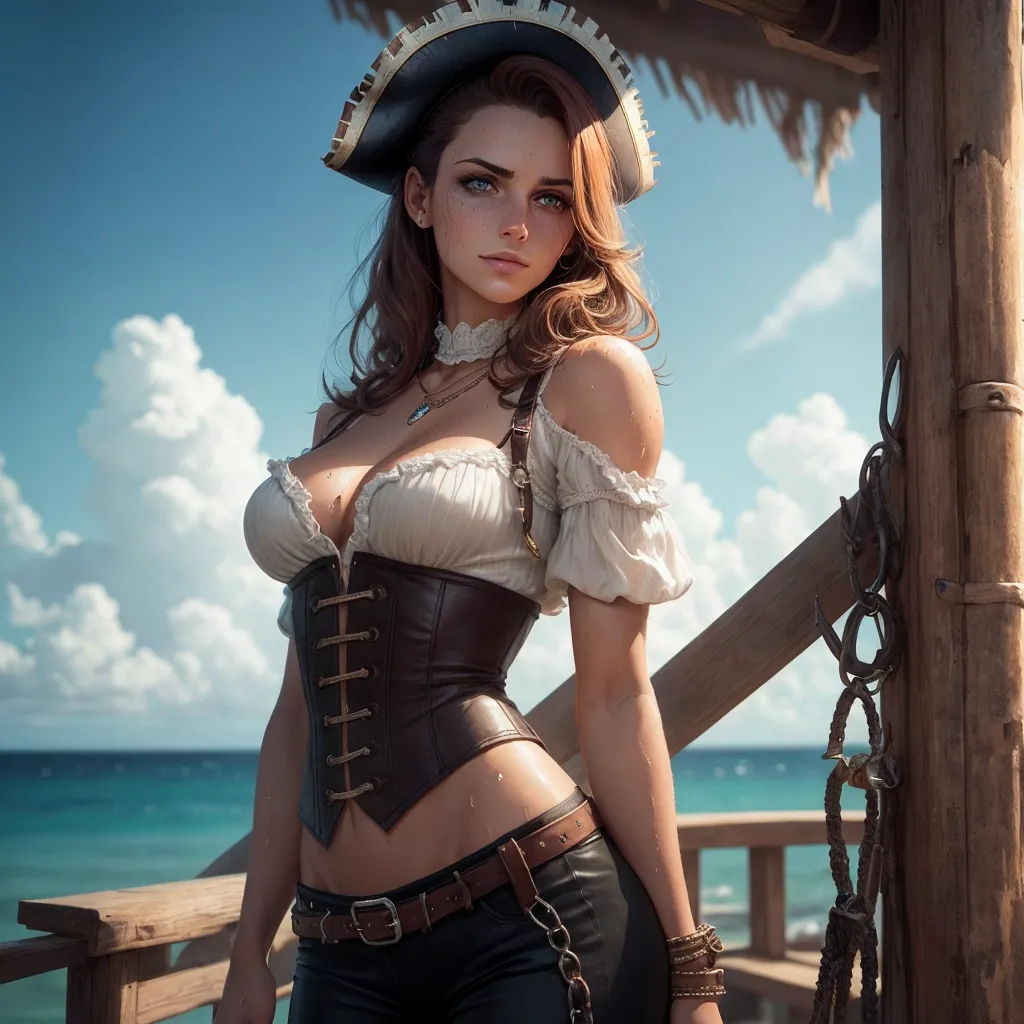 The image shows a beautiful young woman dressed in a pirate costume. She is wearing a white blouse with a brown corset and a brown pirate hat. She has a sword in her hand and is standing on a wooden dock. The background is a blue sea and sky.