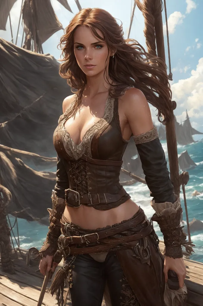 The image shows a beautiful, young woman with long, flowing brown hair and blue eyes. She is wearing a brown leather corset and pants, and she has a sword in her hand. She is standing on the deck of a ship, and there is a large ship in the background. The woman is looking at the viewer with a confident expression on her face.