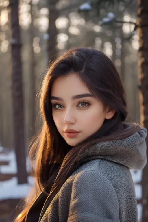 The image is a portrait of a young woman. She has long, dark hair, light green eyes, and a fair complexion. She is wearing a gray zip-up hoodie. The background is a blurred forest scene with snow on the ground. The woman is looking at the camera with a soft expression.