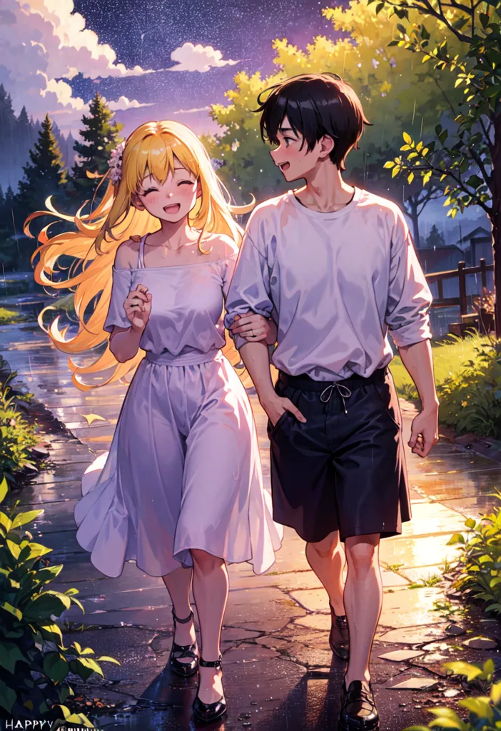 The image is of a man and a woman walking together in the rain. The woman is on the left and the man is on the right. They are both smiling and appear to be enjoying the rain. The woman has long blond hair and is wearing a white dress. The man has short black hair and is wearing a white shirt and black shorts. They are walking on a stone path that is lined with trees. The trees are green and lush. The sky is blue and there are some clouds in the distance. The image is peaceful and romantic.