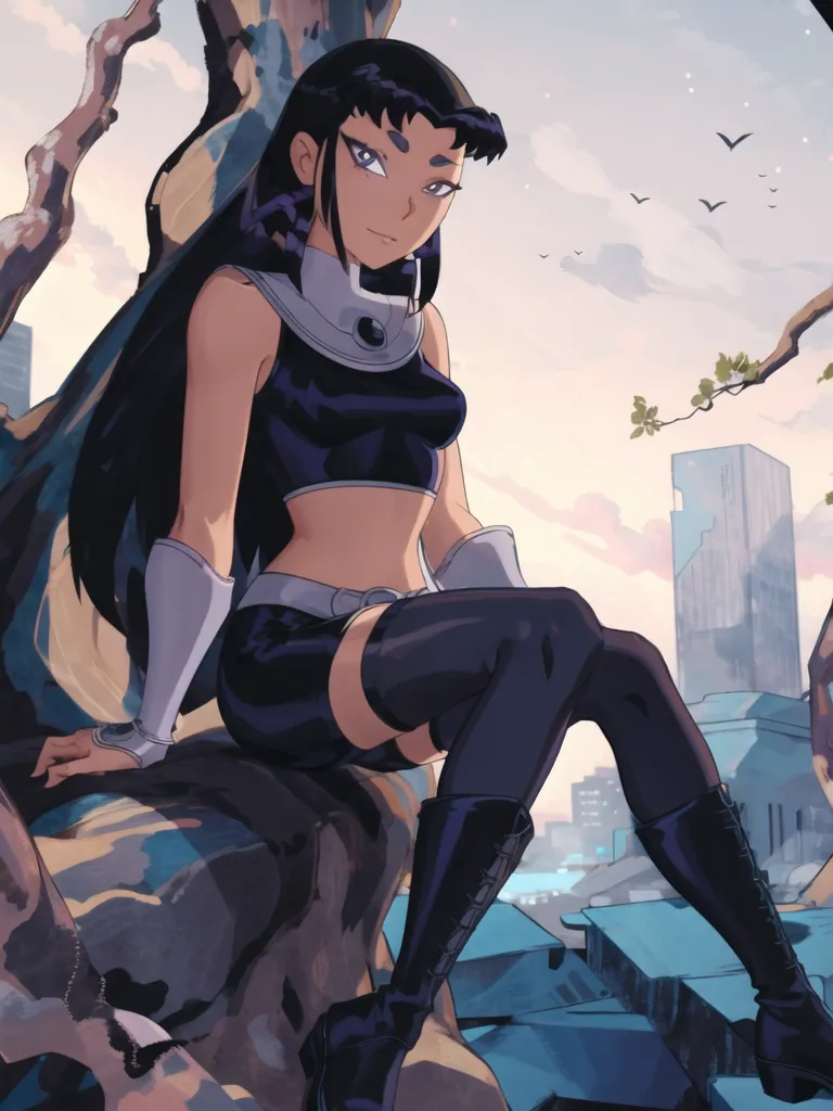 The picture shows a young woman with long black hair, dark skin, and purple eyes. She is wearing a black crop top, black shorts, and black boots. She is sitting on a tree branch in front of a city skyline. The sun is setting in the background.