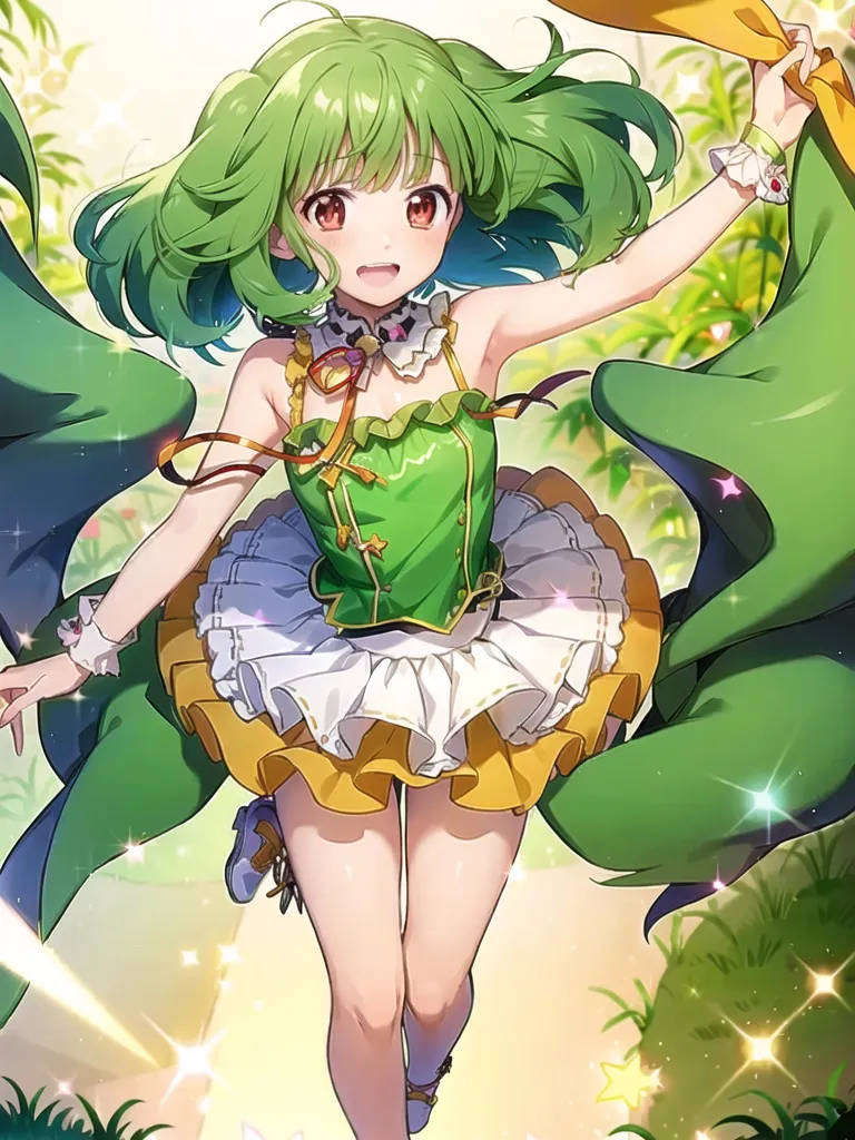 The image shows an anime girl with bright green hair and green eyes. She has a beauty mark under her left eye. She is wearing a white and green dress with a yellow ribbon. She is also wearing white boots and gloves. She is standing in a grassy field, surrounded by flowers and plants. She has a big smile on her face and is waving her arms in the air. She has a cheerful expression on her face.