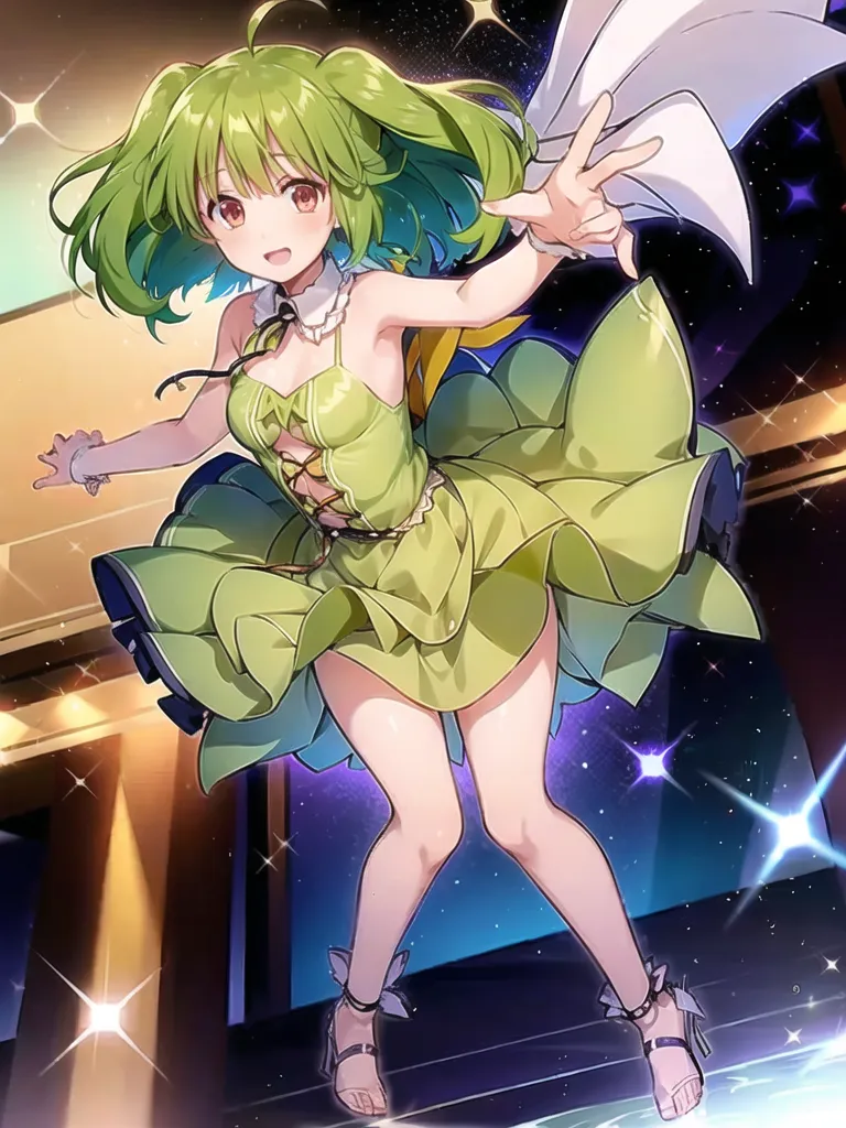 The image shows a young woman with green hair and green eyes. She is wearing a green dress with a white collar. The dress is cut low in the front and has a corset-like lacing in the back. She is also wearing white gloves and brown sandals. Her hair is long and flowing, and she has a small smile on her face. She is standing on a stage with a starry night sky behind her.