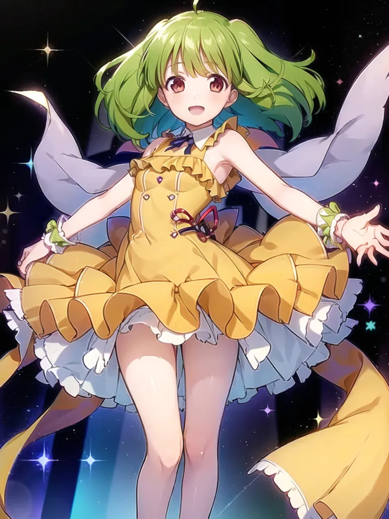 A imagem mostra uma garota em estilo anime com cabelos longos verdes e olhos vermelhos. Ela está usando um vestido amarelo com um colarinho branco e um grande laço vermelho no peito. Ela também tem luvas brancas e um par de asas brancas. Ela está em pé em um céu estrelado à noite, e há várias estrelas ao fundo. Ela tem uma expressão feliz no rosto e seus braços estão esticados.