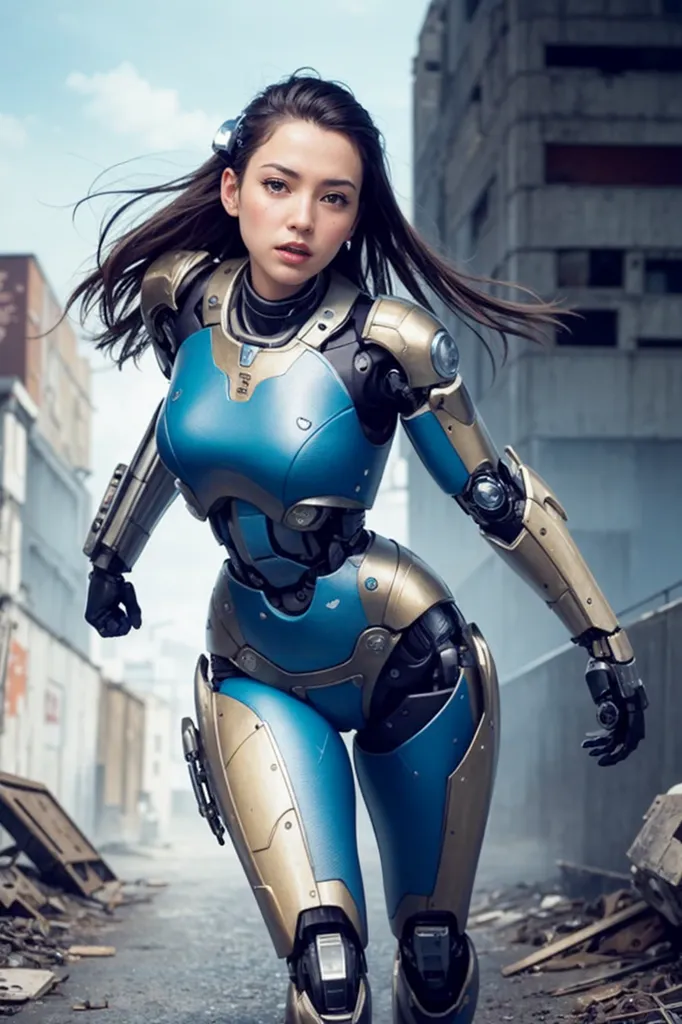 This is an image of a female cyborg. She has long brown hair, blue eyes, and a fair complexion. She is wearing a blue and gold bodysuit with a metallic sheen. The suit has various technological details, such as lights and wires. She is also wearing a pair of black boots. The cyborg is standing in a city, surrounded by tall buildings. The city is in ruins, and there is debris everywhere. The cyborg looks like she is ready for battle.