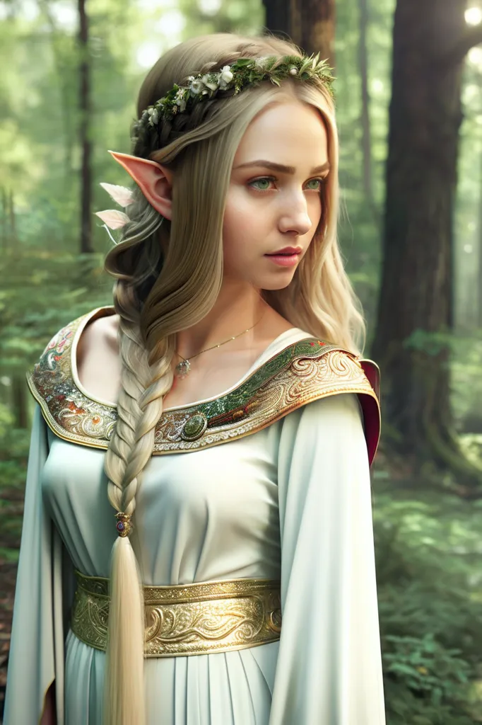 The image is a portrait of a beautiful young woman with long blonde hair, green eyes, and pointed ears. She is wearing a white dress with a gold belt and a wreath of flowers on her head. She is standing in a forest, and there are trees and leaves in the background.