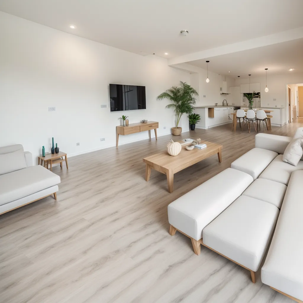 L'image montre un salon moderne avec un canapé d'angle blanc, une table basse en bois et une télévision. La pièce a des murs blancs et des sols en bois clair. Il y a une grande plante dans le coin de la pièce et deux vases verts sur la table d'appoint. La cuisine est ouverte sur le salon et a des armoires blanches et des électroménagers en acier inoxydable. Il y a une table à manger avec quatre chaises dans la cuisine.