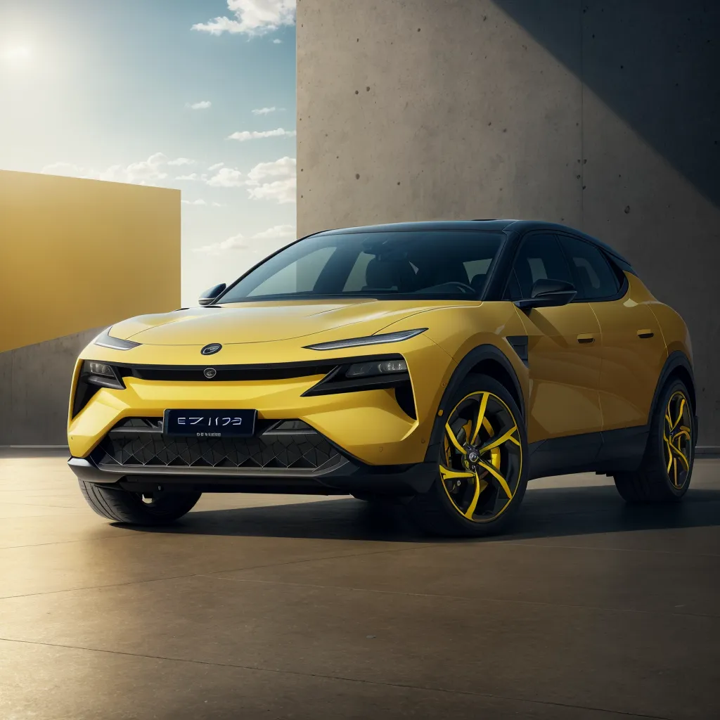 The image shows a yellow SUV parked in front of a concrete building. The SUV has a black roof and black wheels with yellow accents. The front of the SUV has a black grille with a yellow Lotus logo in the center. The headlights are sleek and narrow, and the daytime running lights are located just below them. The SUV has a muscular and aerodynamic look, with a sloping roofline and a prominent rear spoiler. The rear of the SUV has a through-type taillight, and the Lotus logo is located in the center of the tailgate. The SUV is also badged with the words \