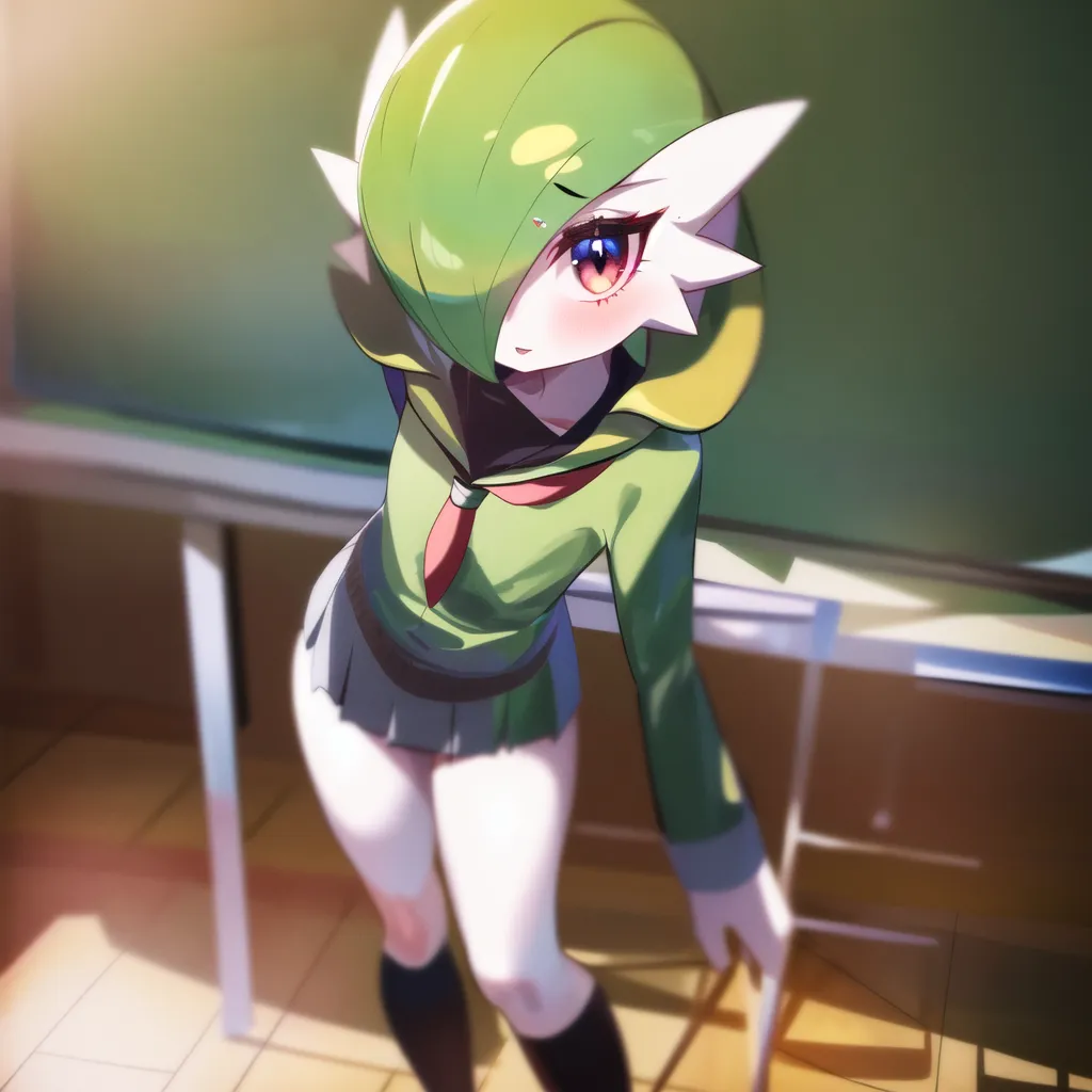 The image contains an anime-style drawing of a Gardevoir, a bipedal, humanoid Pokémon with a leafy green head and white body. It is wearing a green and white school uniform with a red tie and black socks. The Gardevoir is standing in a classroom, leaning against a chair and looking at the viewer with a shy expression on its face. The background is a blurred green chalkboard