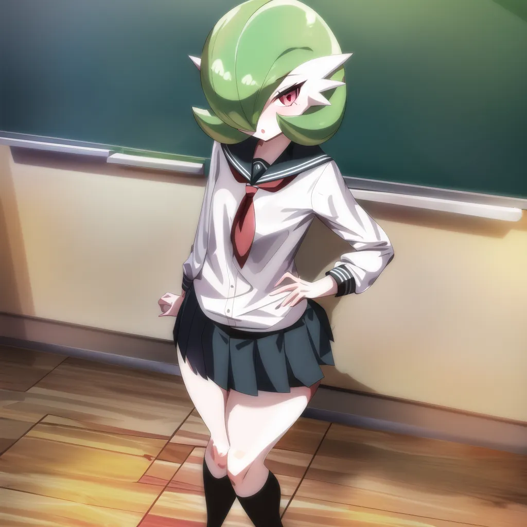 The image is of a Gardevoir, a bipedal, humanoid Pokémon with a green body and white hair. It is wearing a white shirt, a red tie, and a gray skirt. It has a smug expression on its face and is standing with its hands on its hips. It is standing in a classroom, with a chalkboard behind it