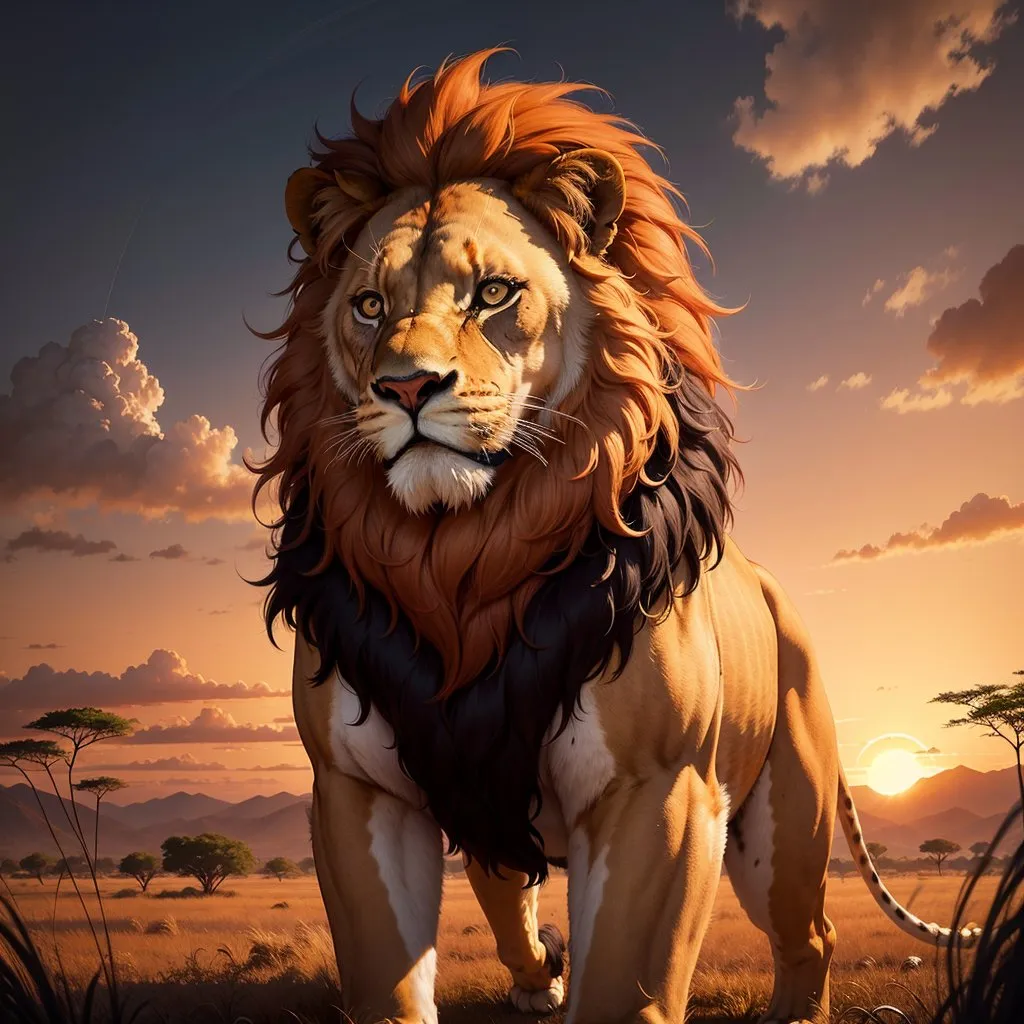 The image shows a muscular male lion with a golden-brown mane standing in the middle of a grassy plain. He is looking at the viewer with an intense expression. Behind him, the sun is setting over a mountain range, casting a warm glow over the scene. The sky is a gradient of orange, yellow, pink, and blue. There are clouds dotting the sky. The lion's fur is detailed, and you can see the individual hairs. The grass around him is tall and green. There are trees in the background. The image is realistic and captures the beauty of the African savanna.