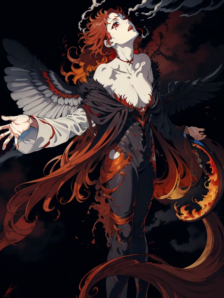 This is an image of a woman with long red hair and black wings. She is wearing a black and red bodysuit with a tattered skirt. She has a red gem embedded in her chest. She is standing in front of a dark background with her arms outstretched. Her expression is one of defiance and determination. She is a powerful and dangerous-looking figure.