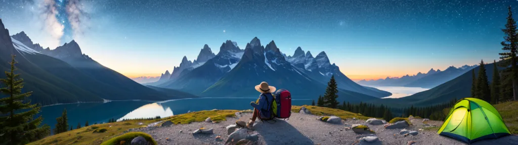 L'image montre une personne assise sur une colline rocheuse surplombant un lac et des montagnes à l'horizon. La personne porte un chapeau et un sac à dos, et une tente est dressée derrière elle. Le ciel est sombre et on peut voir des étoiles et une Voie lactée bien définie. Les montagnes sont enneigées. L'image est très paisible et sereine.