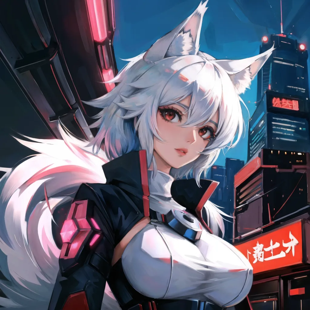 The image is a painting of a young woman with wolf ears and a futuristic outfit. She is standing in front of a city skyline. The woman has long white hair and red eyes. She is wearing a white bodysuit with black and red accents. The bodysuit has a high collar and a plunging neckline. The woman is also wearing a pair of black boots. The city skyline in the background is made up of tall buildings and skyscrapers. The painting is done in a realistic style and the colors are vibrant and bright.