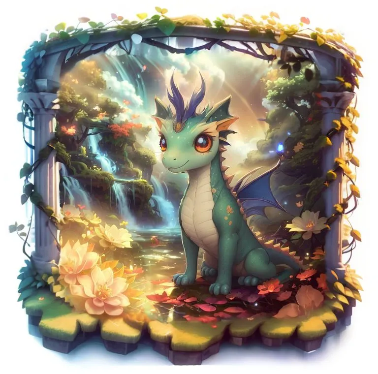 The image is a digital painting of a green dragon in a lush forest setting. The dragon is sitting on a rock in a shallow pool of water, surrounded by green foliage and colorful flowers. The background is a waterfall, with a blue sky and white clouds beyond. The dragon is depicted as being small and cute, with large eyes and a friendly expression. It is also wingless, unlike most dragons. The painting is done in a realistic style, with soft colors and smooth shading.