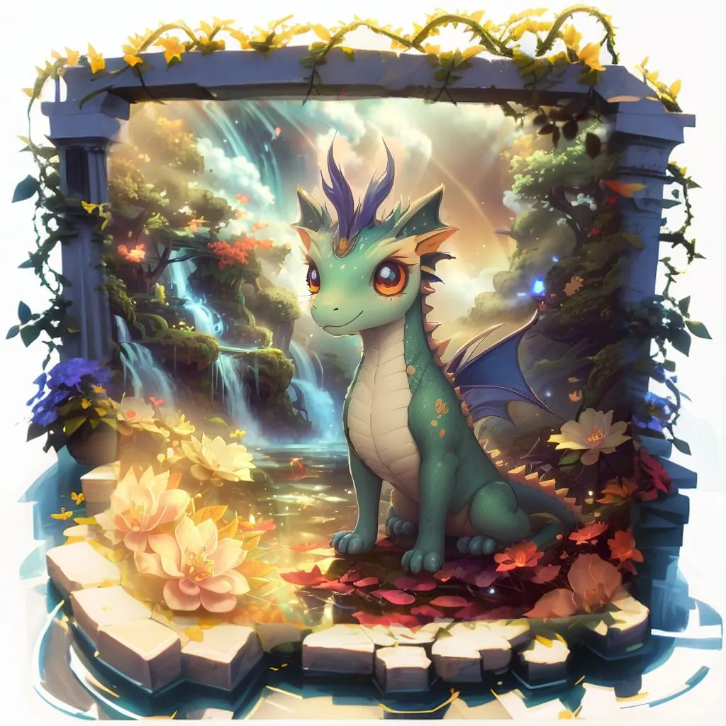 This image is of a green dragon sitting on a rock in a lush, magical forest. The dragon has blue-green wings and a crest of feathers on its head. It is looking at a pink flower. There are waterfalls in the background and a stone structure with a flower-covered archway in the foreground.