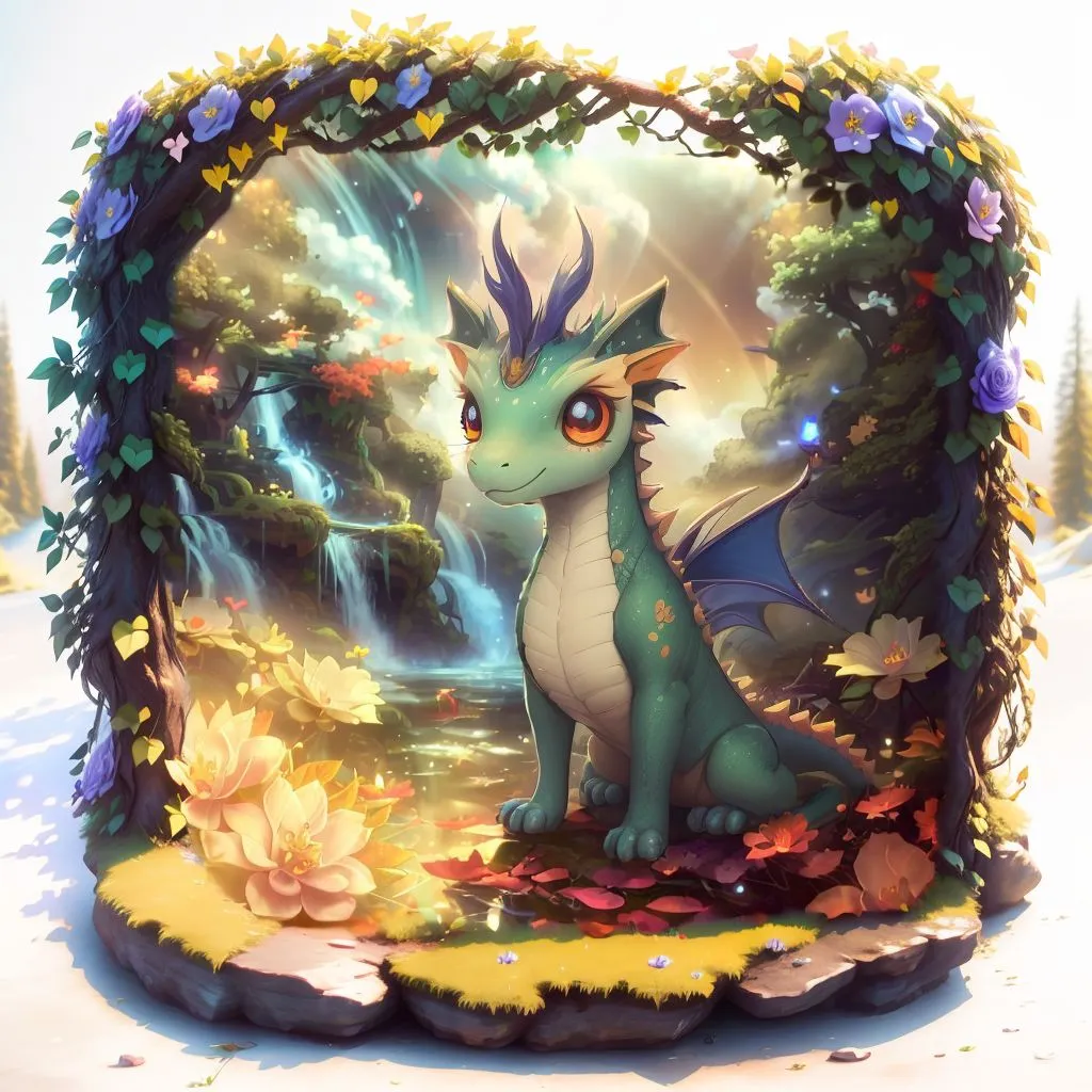 The image is a digital painting of a green dragon in a lush green forest. The dragon is sitting on a bed of flowers and leaves, and is surrounded by a variety of plants and flowers. The background is a waterfall, and there is a blue sky with white clouds overhead. The dragon is green with yellow eyes and a pink nose. It has a long tail and a pair of wings. The dragon is smiling and looks happy. The image is framed by a border of green leaves and flowers.