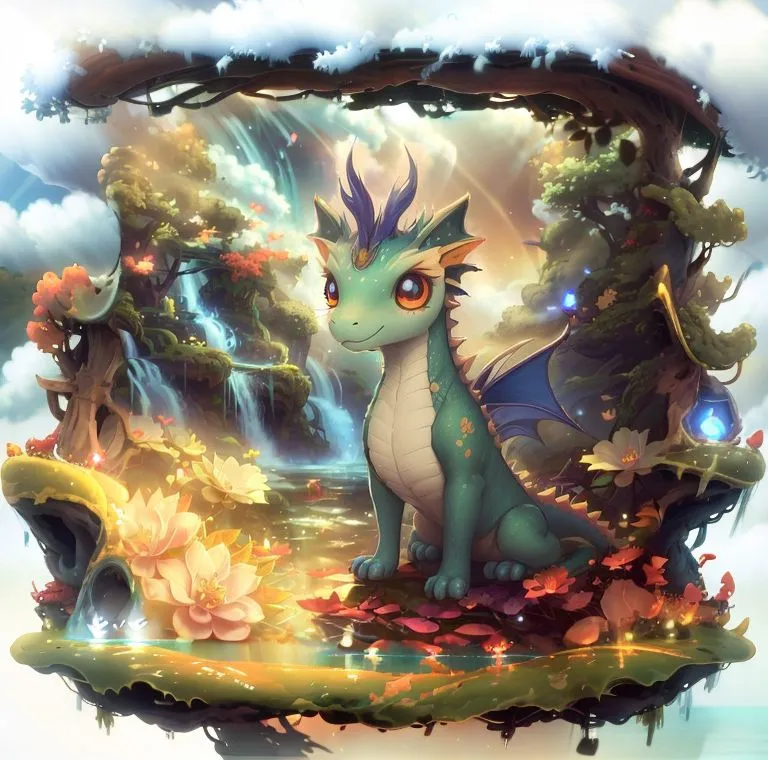 This image shows a green dragon sitting on a rock in a lush forest. The dragon has blue-green wings and a crest of feathers on its head. It is looking at the viewer with a friendly expression. In the background, there is a waterfall and a river flowing through the forest. The trees are tall and green, and the leaves are a variety of colors. There are also some flowers in the foreground. The overall atmosphere of the image is one of peace and tranquility.