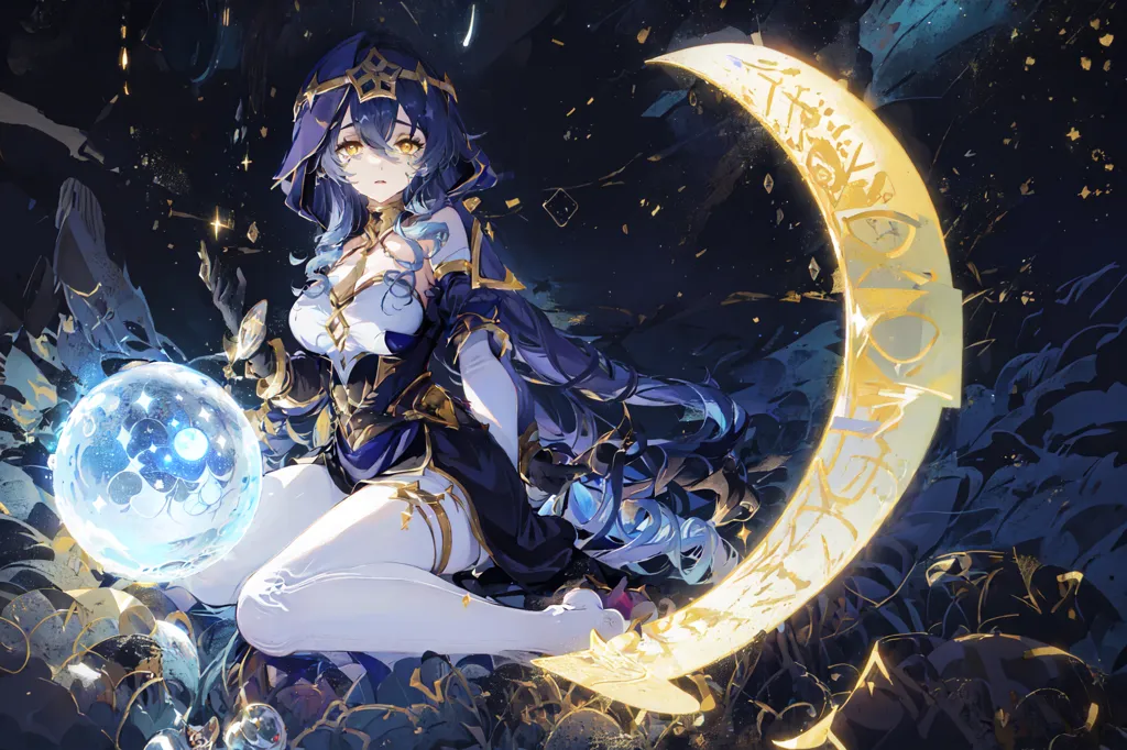 La imagen es de una hermosa chica de anime con cabello azul largo y ojos amarillos. Ella está usando un vestido blanco y azul con una luna creciente en su pecho. Está sentada en una luna creciente y sostiene una esfera azul brillante en sus manos. Está rodeada de estrellas y tiene una expresión seria en su rostro. El fondo es azul oscuro con un cielo nocturno estrellado.