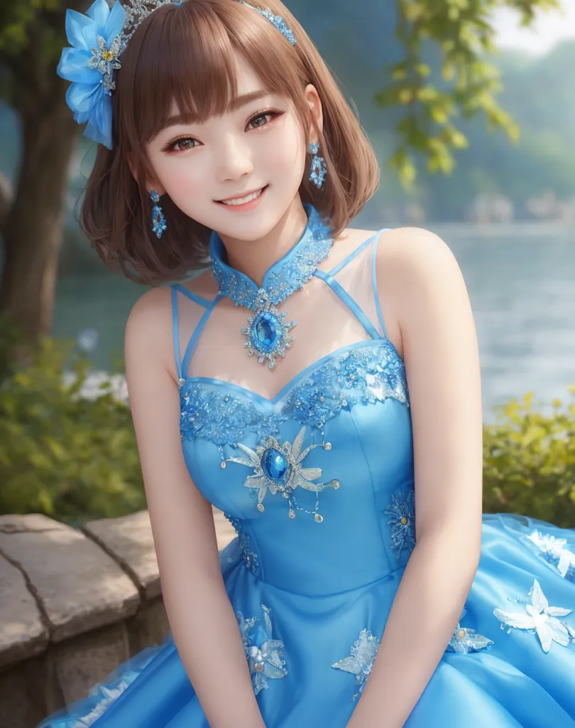 The picture shows a young woman with brown hair and blue eyes. She is wearing a blue dress with a sweetheart neckline and a full skirt. The dress is decorated with silver and blue beading. She is also wearing a necklace and earrings. Her hair is styled with a half-up, half-down hairstyle. She is smiling and looking at the camera. She is sitting on a stone bench with a lake and trees in the background.