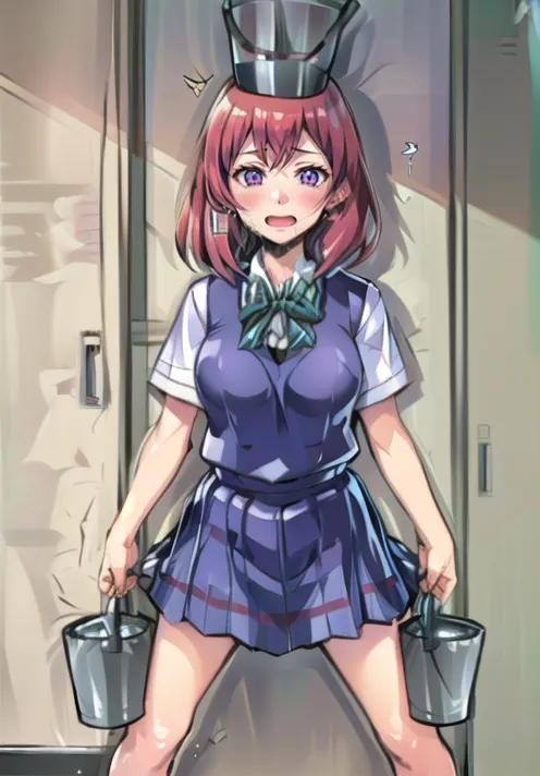 The image shows a young woman with bright red hair and purple eyes. She is wearing a white blouse, a blue skirt, and a blue bow tie. She is also wearing a metal bucket on her head and is holding two more buckets, one in each hand. The woman is standing in a room with white walls and a gray floor. There is a door on the left side of the room and a window on the right side. The woman is looking at the viewer with an expression of surprise and embarrassment.