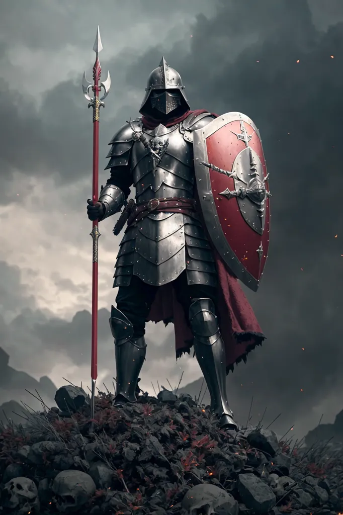 L'image montre un chevalier en armure de plate complète. Il porte un surcot rouge avec une croix blanche sur le devant. Son casque est fermé, et il tient une lance de la main droite et un bouclier de la main gauche. Le bouclier a un fond rouge avec une croix blanche dessus. Le chevalier se tient debout sur un tas de crânes. En arrière-plan, il y a un ciel sombre et orageux.