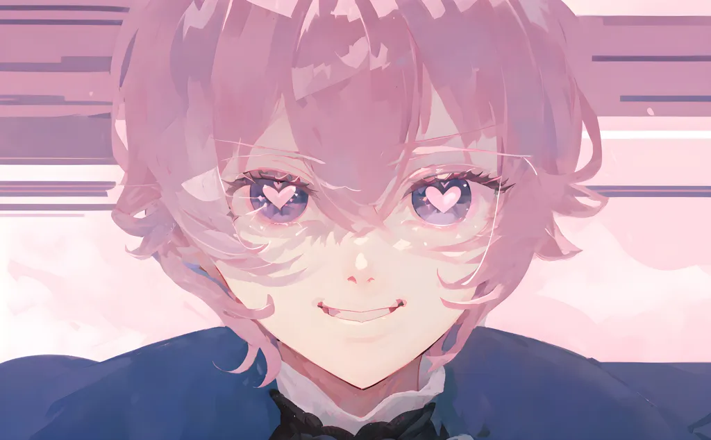 The image is a painting of a young man with pink hair. He is wearing a dark suit and has a gentle smile on his face. His eyes are a light purple color and his hair is short and fluffy. The background is a light pink color and there are some white lines in the background. The painting is done in a realistic style and the artist has used a variety of colors to create a sense of depth and realism.