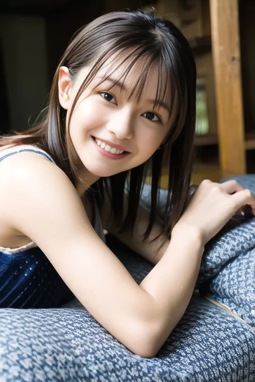 The image shows a young Japanese woman with short brown hair and bangs. She is wearing a blue spaghetti strap top and has a bright smile on her face. She is leaning on a futon and has her chin resting on her crossed arms. The background is blurry and looks like a traditional Japanese house.