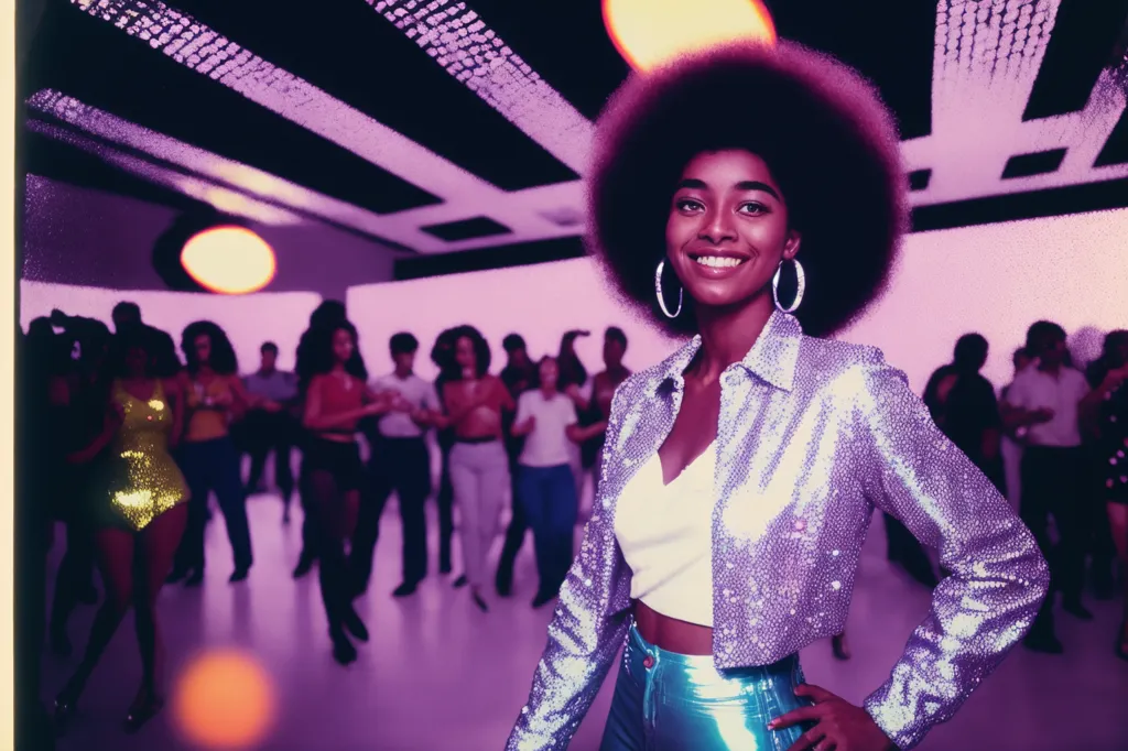 La foto muestra a una mujer joven, probablemente de unos 20 años, con un peinado afro, pendientes de aro y una chaqueta plateada con lentejuelas. Lleva una blusa blanca corta y pantalones plateados. Tiene una expresión feliz en su rostro y está de pie con una mano en la cadera. En el fondo, hay otras personas bailando. La habitación está iluminada con luces moradas y rosas.