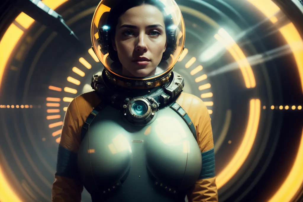 This is an image of a young girl in a futuristic spacesuit with a clear bubble helmet. The spacesuit is yellow and gray with black detailing. She is standing in front of a large spaceship engine with lights surrounding her. The engine is glowing orange. She is looking at the camera with her head tilted a bit downwards at an angle.