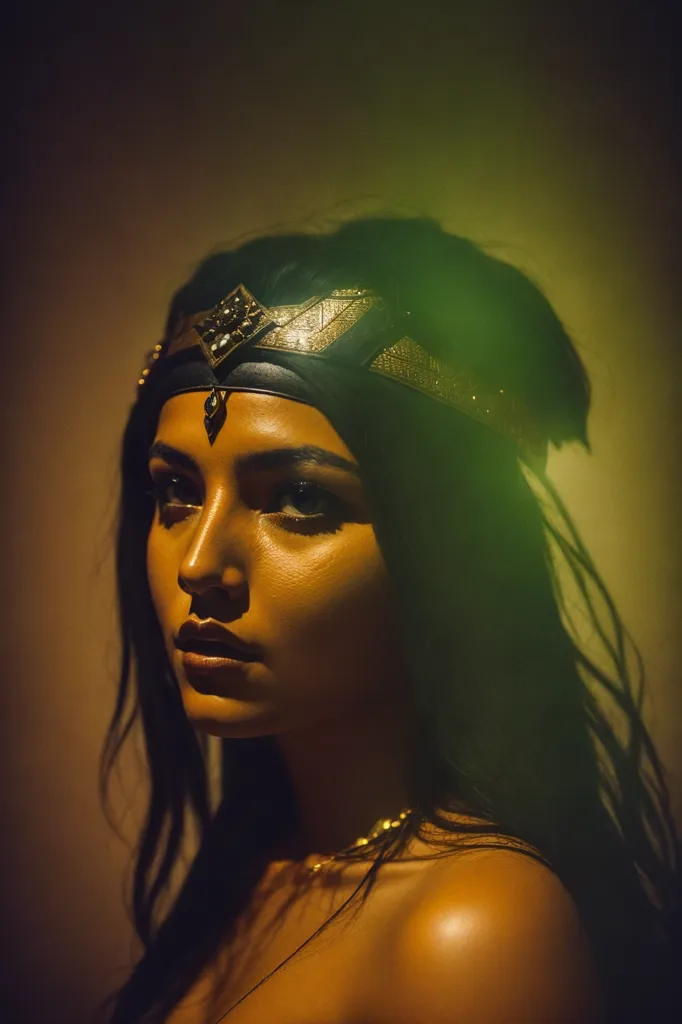 The image shows a young woman, probably in her early 20s, with long, dark hair and light brown skin. She is wearing a golden headpiece with green and blue jewels in the center. The headpiece is covering her forehead and the top part of her head. She has dark brown eyes and is looking at the camera with a serious expression. She is also wearing a golden necklace. The background is blurred and is in a darker tone than her skin.