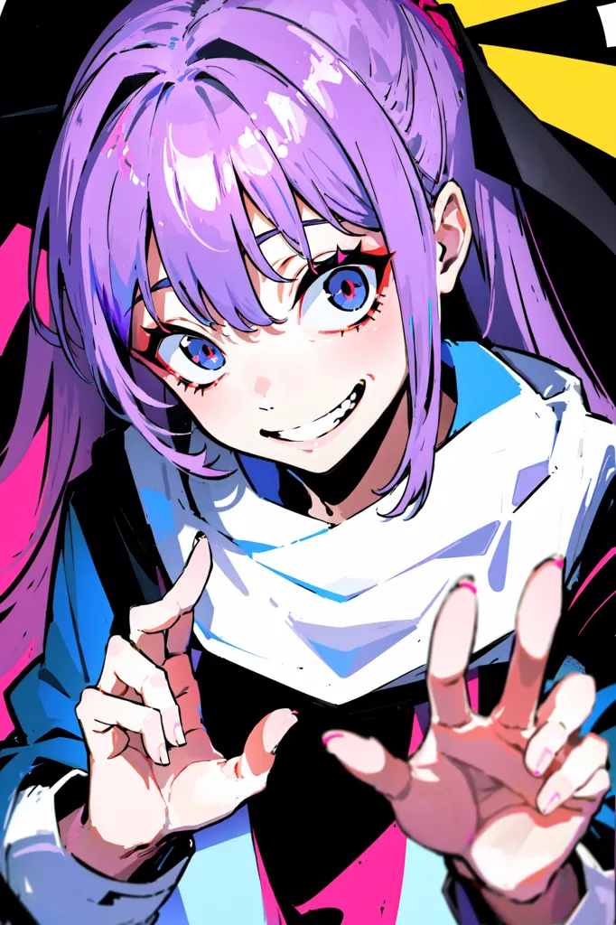 This is an image of a young woman with mid-length purple hair and blue eyes. She is wearing a white shirt and has a confident smile on her face. She is holding her hands up in front of her. The background is a bright yellow.