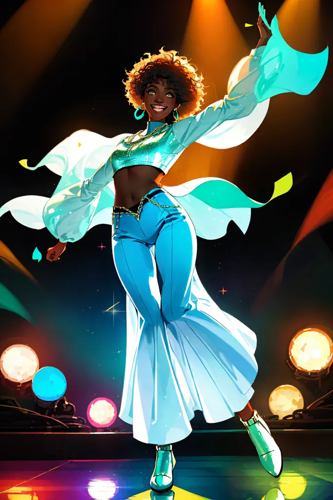 This is an image of a woman dancing. She has brown skin, brown hair, and is wearing a blue outfit. She is dancing in front of a stage with spotlights on her. She is smiling and has her arms outstretched. She is wearing a white belt and has a white scarf flowing from her arms. She is also wearing white boots.