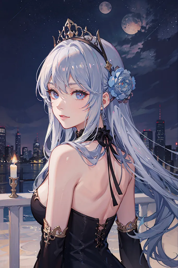 The image is a painting of a beautiful anime girl with long, flowing blue hair. She is wearing a black dress with a sweetheart neckline and a high collar. The dress is trimmed with gold and has a corset-style back. She is also wearing a gold crown and a blue flower in her hair. She is standing on a balcony, looking out at a cityscape. There is a candle on the railing of the balcony. The background is a night sky with a full moon.