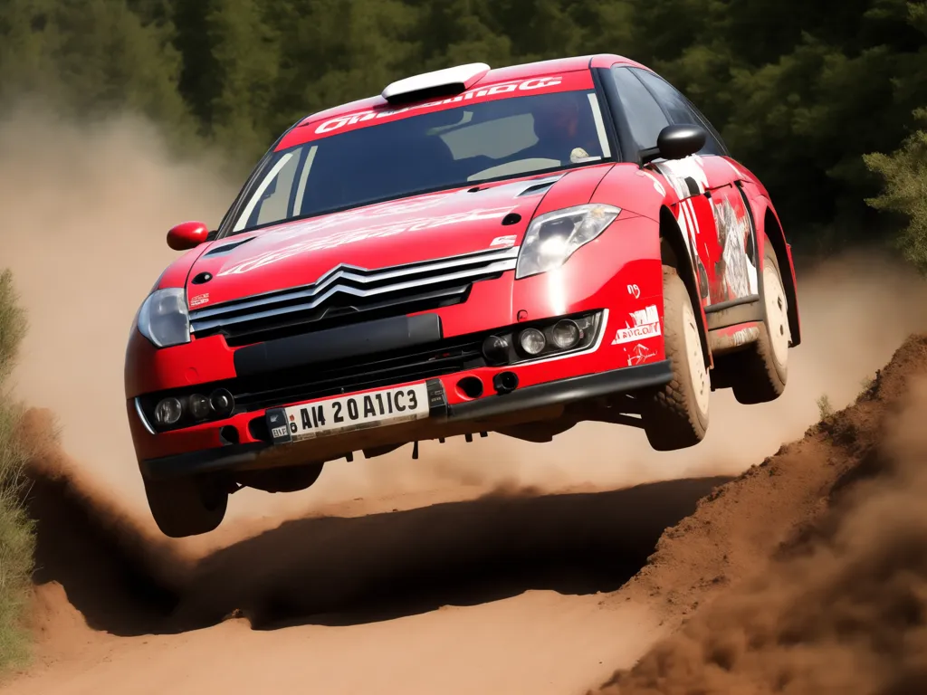 This is a photo of a red Citroen C4 WRC car jumping over a dirt hill. The car is in the air, with all four wheels off the ground. The car is surrounded by a cloud of dust. The car has a white sticker on the hood and a black sticker on the bumper. The car also has a number on the door. The background of the photo is a forest.