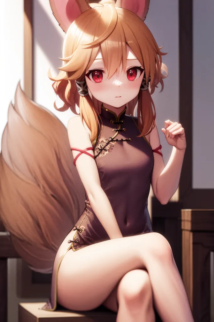 The image is of a young woman with long, flowing hair and fox ears. She is wearing a traditional Chinese dress with a high collar and a long slit on one side. Her legs are crossed and she is sitting on a bench. She has a shy expression on her face and is looking at the viewer with her red eyes.