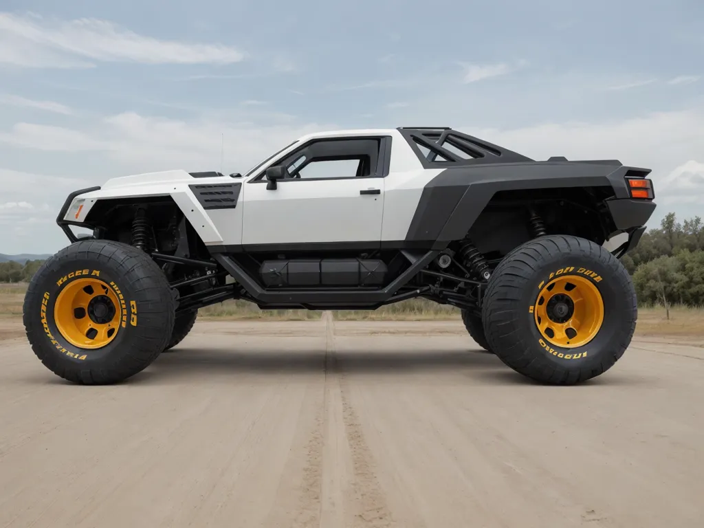 The image shows a white and black monster truck with yellow wheels. It is a large vehicle with a high suspension and large tires. The truck is also very wide. It has a black bumper with a yellow light in the middle. The truck is also very tall. It has a large roof rack and a large spoiler on the back. The truck is very cool and looks like it would be a lot of fun to drive.