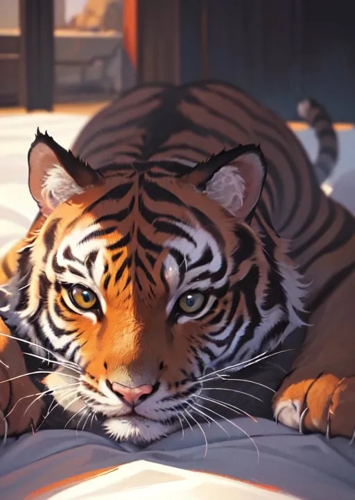 The image is a painting of a tiger lying on a bed. The tiger is in the foreground and is looking at the viewer. The tiger is orange and black with white stripes. The fur on the tiger's belly is white. The tiger's eyes are yellow and its nose is pink. The tiger's tail is long and black with a white tip. The bed is white and the sheets are slightly rumpled. The background is a blur of orange and brown colors.