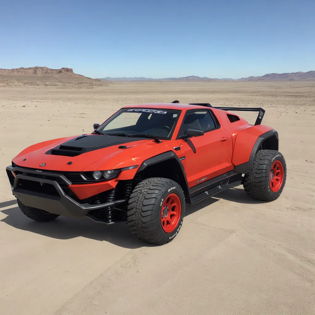 The image shows a red off-road vehicle in the desert. The vehicle has a large front bumper with a skid plate, and a large rear spoiler. It also has large all-terrain tires and a roof rack. The vehicle is parked on a sand dune, and there are mountains in the background. The sky is clear and blue.