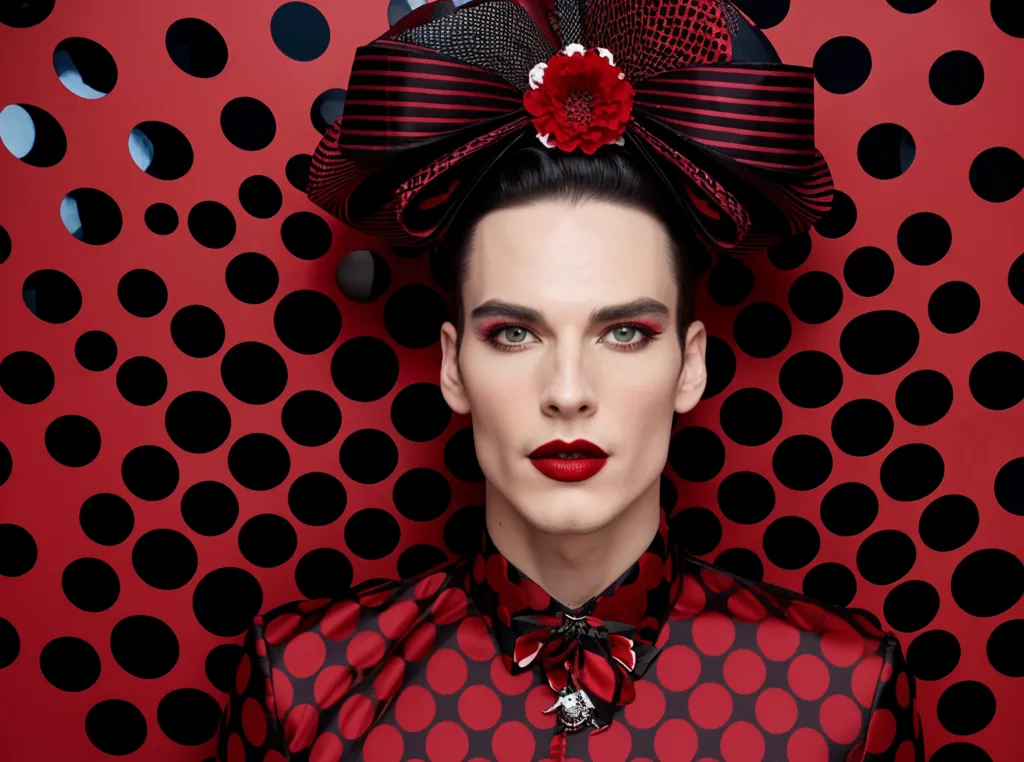 This image shows a young man with dark hair and light eyes. He is wearing a red and black polka dot shirt and a large black and red bow on his head. The bow has a red flower in the center. He is also wearing red lipstick and eyeshadow. The background is red with black polka dots.