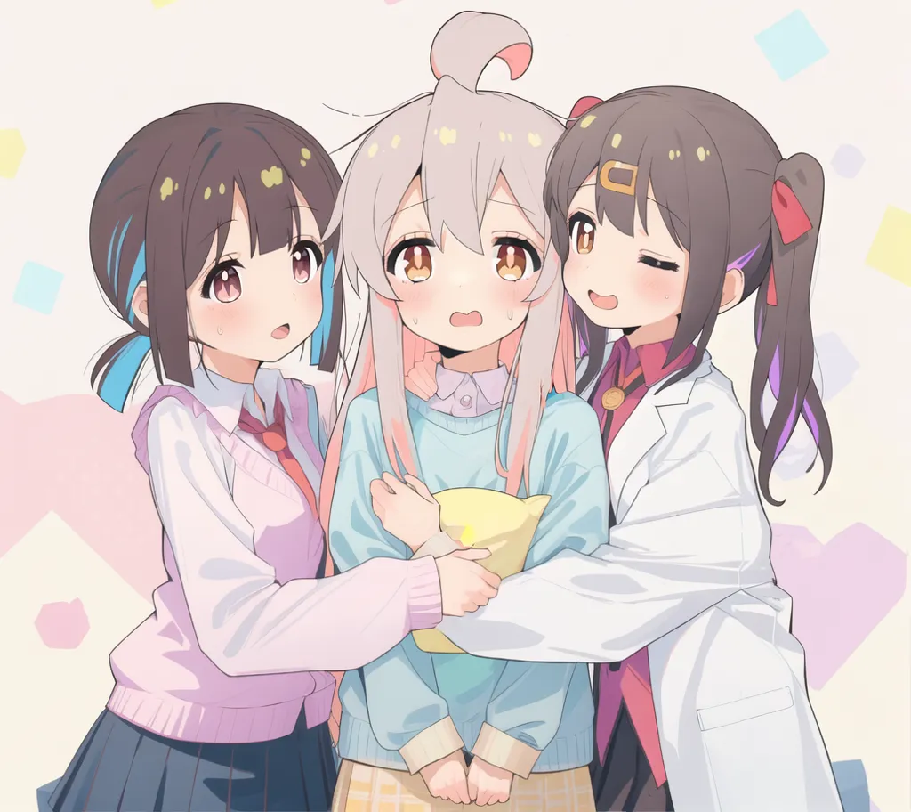 The image shows three anime girls. The girl in the middle has long white hair and is wearing a light blue sweater. She is hugging a pillow. The girl on the left has short brown hair and is wearing a pink sweater. She is looking at the girl in the middle with a worried expression. The girl on the right has long brown hair and is wearing a white lab coat. She is smiling and has her eyes closed.