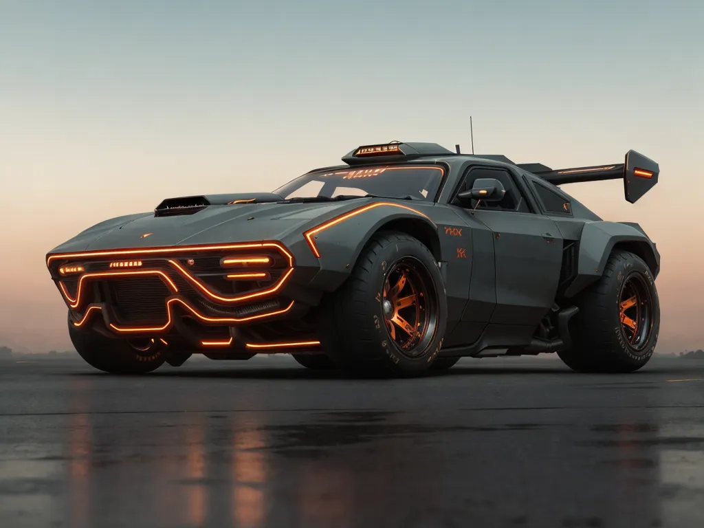 The image is a dark, futuristic car with a sleek design. It has a long hood and a short trunk, with a large spoiler on the back. The car is lit up with orange lights, and it has a glowing orange engine. The car is surrounded by a dark background, with a city skyline in the distance.