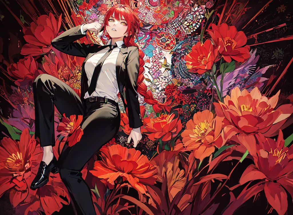 This is an image of a woman with red hair and yellow eyes. She is wearing a black suit and tie. She is sitting in a field of red flowers. The background is dark and there are some colorful shapes in the background. The woman is looking at the viewer with a serious expression.