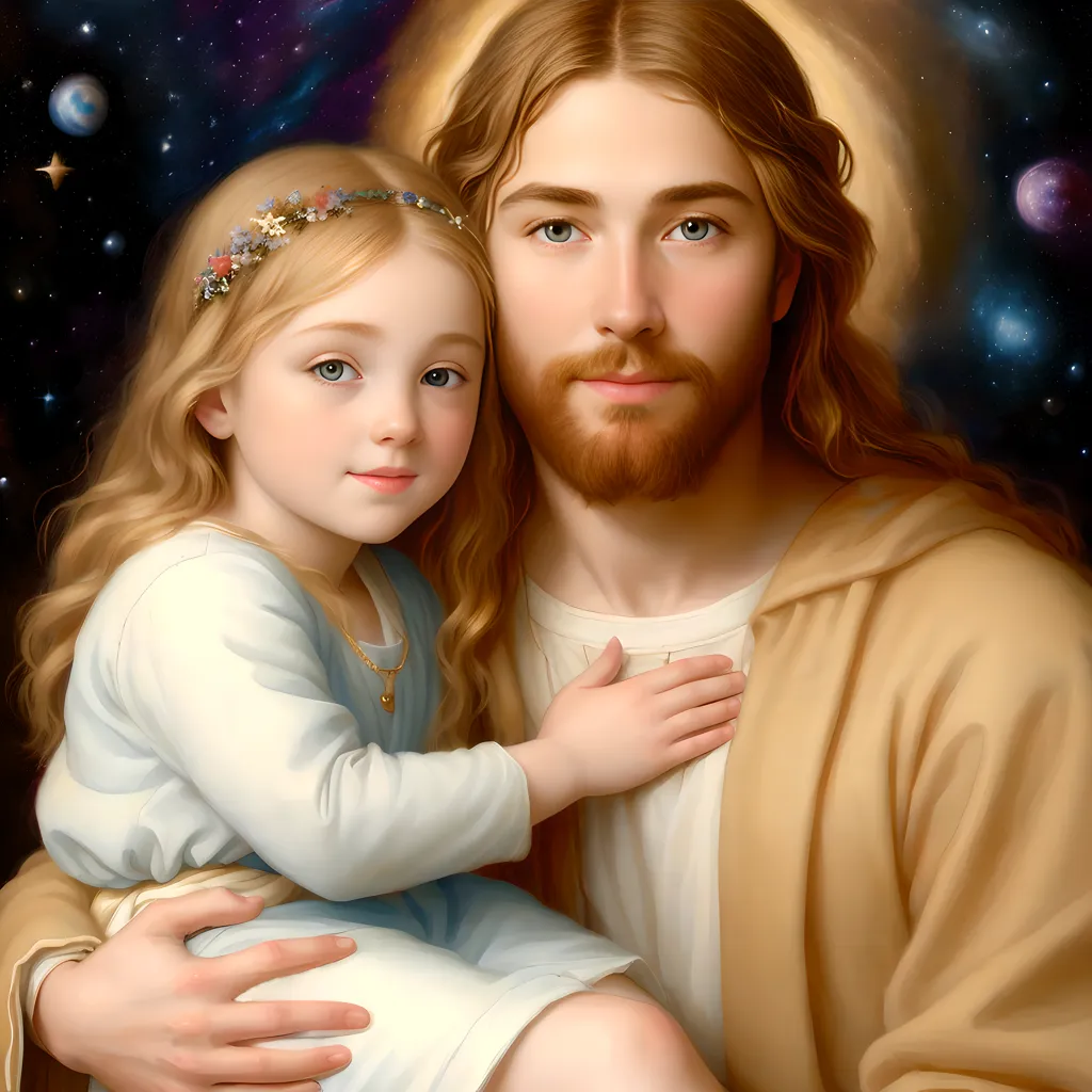 This image shows Jesus Christ with a young girl. Jesus is depicted with long brown hair and a beard, and is wearing a white robe with a brown cloak. The girl has long blonde hair and is wearing a white dress with a blue sash. She has a flower crown on her head. They are both looking at the viewer with kind expressions. The background is a starry night sky with a glowing white light in t